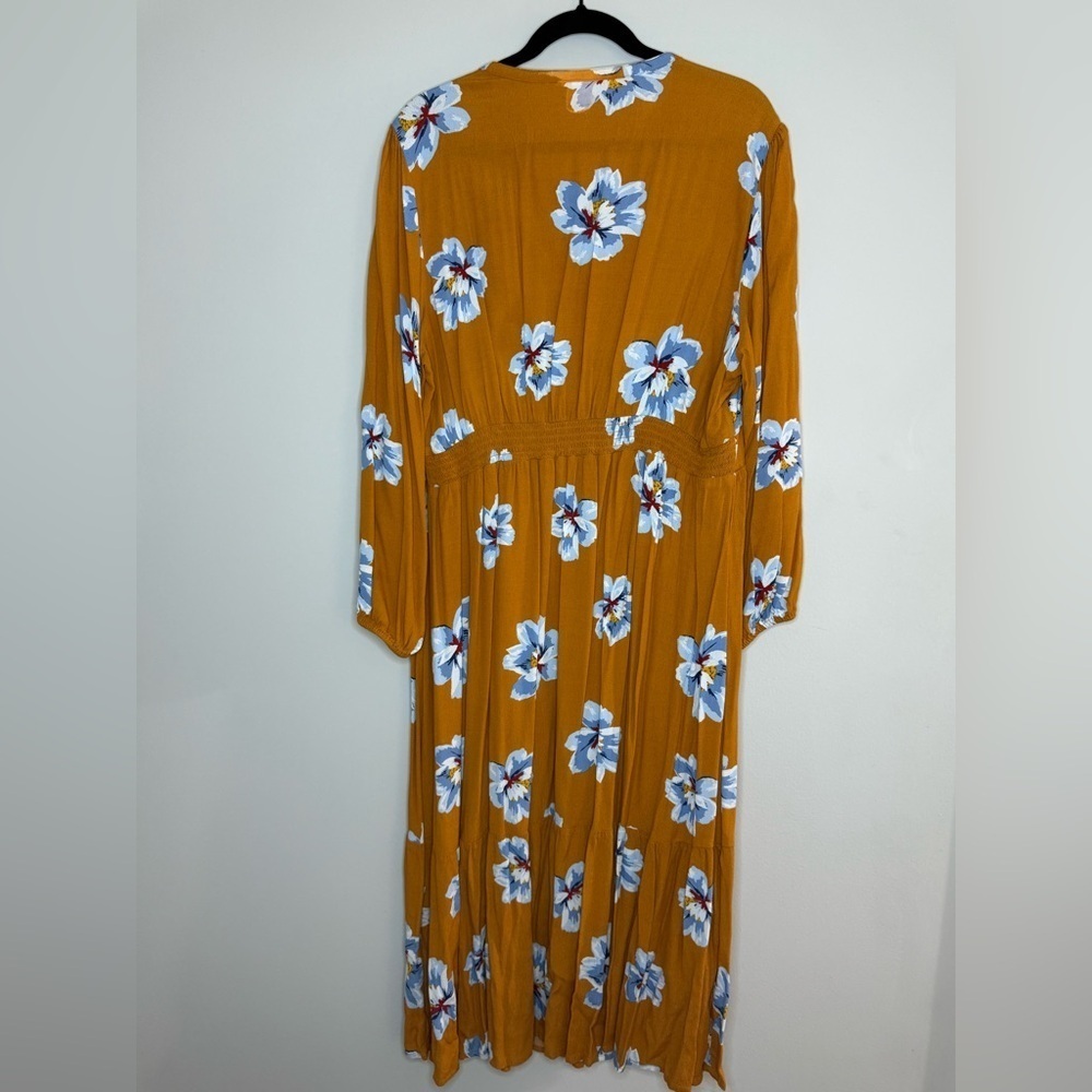 Vintage Mustard Yellow Floral Maxi Dress Boho Long Sleeve Tie Neck Cottagecore - Picture 6 of 6